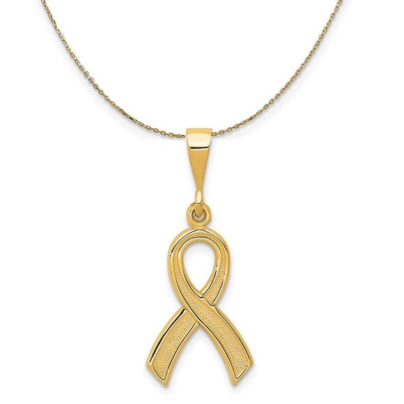 14k Yellow Gold Polished and Satin Awareness Ribbon Necklace - 16 Inch - Picture 1 of 6